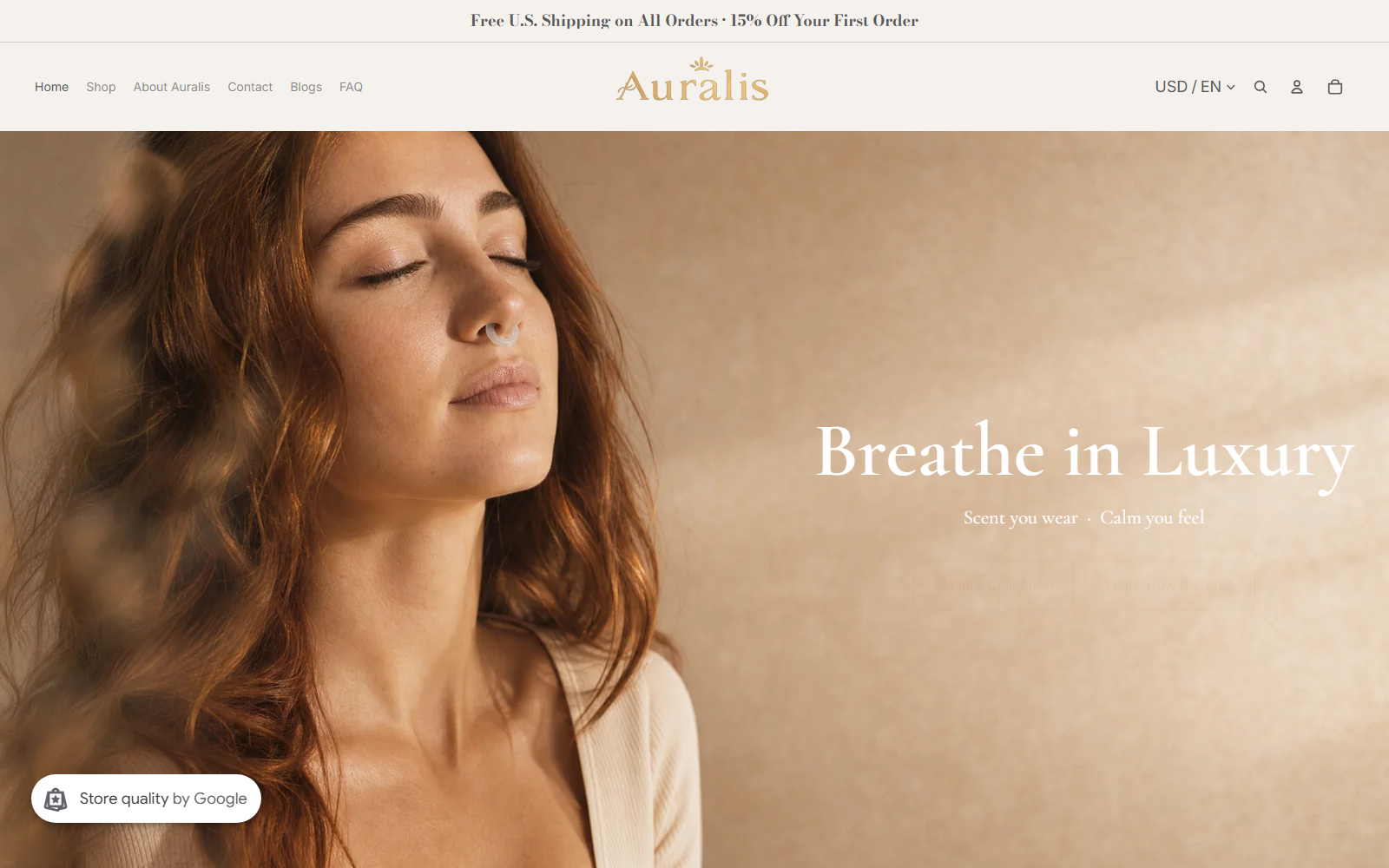 Homepage of Auralis Wellness, a Shopify fragrance store built by Moxlift