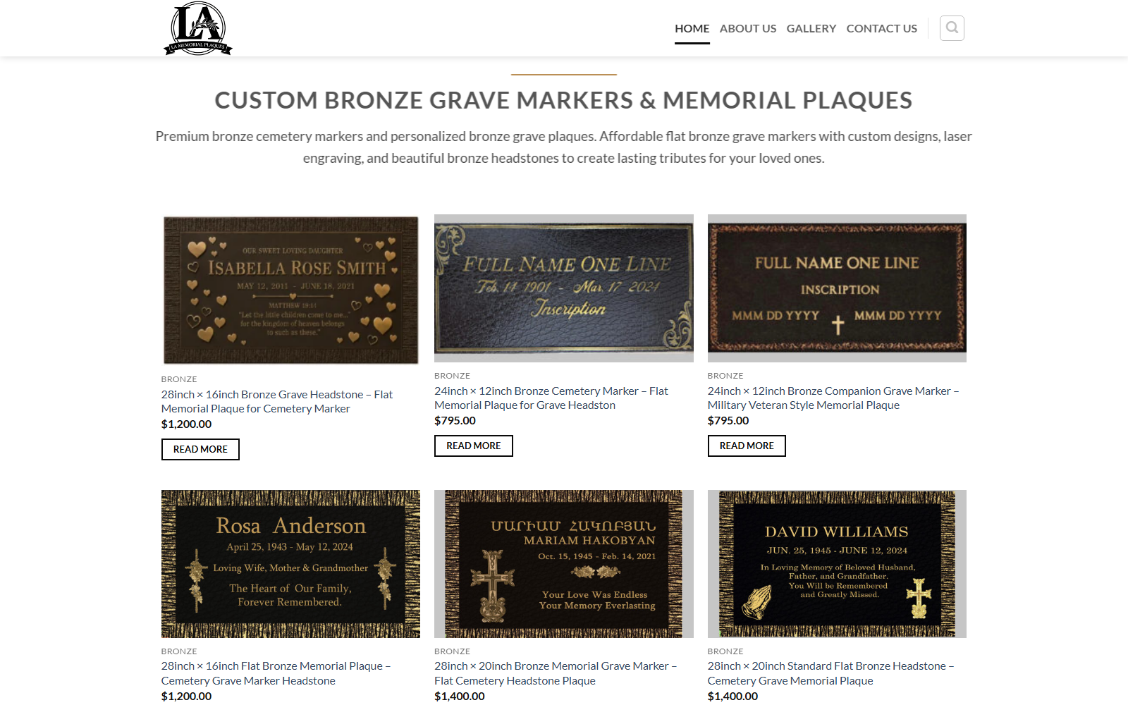 Homepage of LA Memorial Plaques, a WooCommerce store built by Moxlift